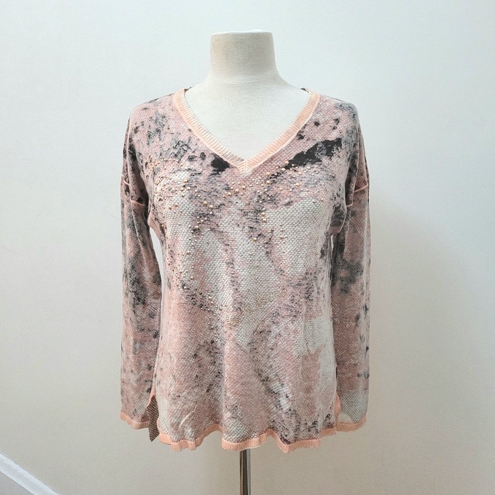 Marc Aurel Fine Luxury Knit Wool Cashmere Studs Pink Gray V-Neck Sweater Top 6
